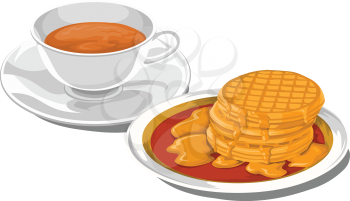 Vector illustration of teacup with caramelized pancakes for breakfast.
