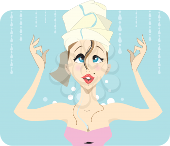 Young woman brunette in the shower, looking at a curly swirl of hair going down her nose, with a silly look on her face. Illustration vector.