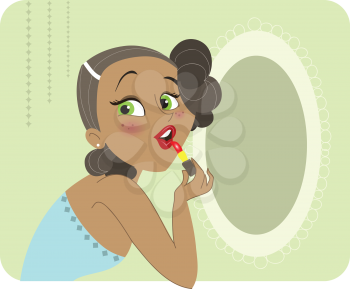 Cute dark skinned brunette woman applying lipstick in front of the mirror, with large green eyes. Vector illustration.
