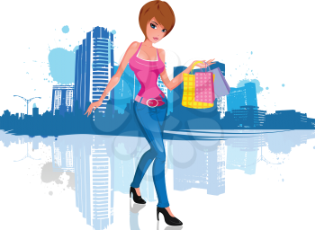 Vector illustration of a young and attractive brunette woman with short hair, wearing an attractive pink shirt and black high heels shoes. She has three shopping bags in her hands. She walks in front of a cityscape illustration silhouette, with blue paint splash.