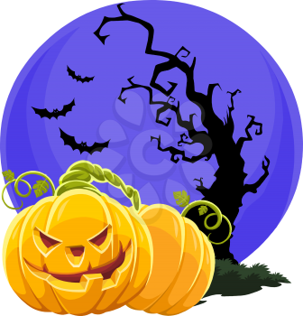 Vector illustration of halloween pumpkin with bare tree, flying bats and big moon.