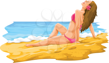 Vector illustration of sexy young woman in bikini, sunbathing at beach.