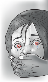 Kidnap victim, female, crying, strangers hand covering mouth, vector illustration
