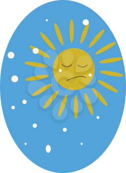 A sad winter sun is surrounded by the snowflakes vector color drawing or illustration 