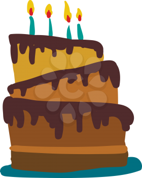 Chocolate cake with burning candles vector or color illustration