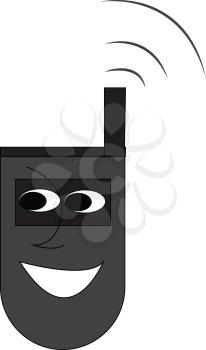 A cartoon image of an old black color flip phone with an antenna and a smiling face drawn on it vector color drawing or illustration 