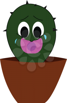 A potted green cactus plant with spikes and a sad and crying expression on the face vector color drawing or illustration 
