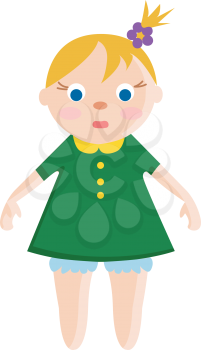 A baby having blonde hair fair skin blue eyes wearing a green dress with yellow collar and a purple band on the head vector color drawing or illustration 