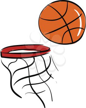 The shot big shiny basketball is about to get into the basket with a red rim vector color drawing or illustration 