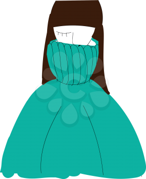 A girl with one closed eye and long straight black hair is wearing a teal green polo neck sweater vector color drawing or illustration 