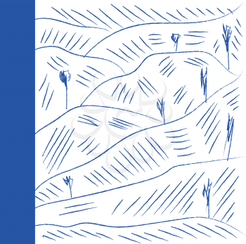 A pen drawing of a mountain range with single trees found at certain intervals away from each other vector color drawing or illustration 