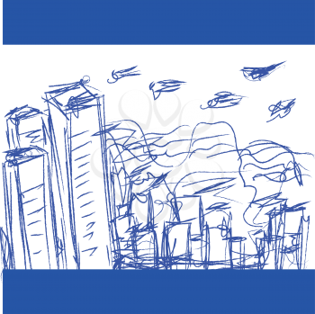 A pen sketch of a cityscape with and short buildings and a few birds flying high vector color drawing or illustration 
