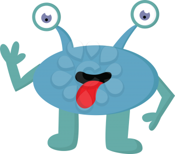 A blue monster with two antennae shaped eyes and teal colored hands and legs having its tongue hanging out vector color drawing or illustration 
