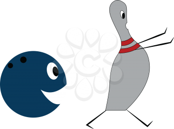 A blue bowling ball with its mouth open chasing a grey bowling pin with two red circle around its neck trying to run away vector color drawing or illustration 