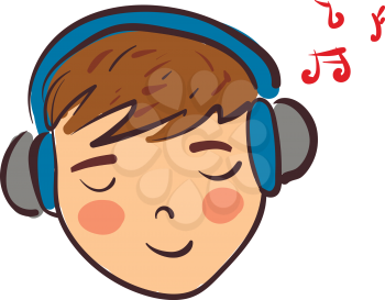 A boy with brown hair having his eyes closed and listening to music on his blue and grey headphones vector color drawing or illustration 
