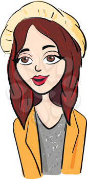 A girl with brown hair eyes and red lipstick is wearing a yellow hat yellow jacket and grey dress vector color drawing or illustration 