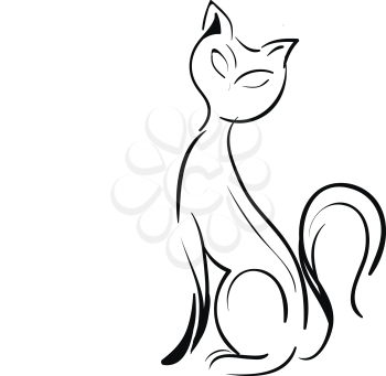 A black and white silhouette of a cat sitting upright and turned toward one side vector color drawing or illustration 