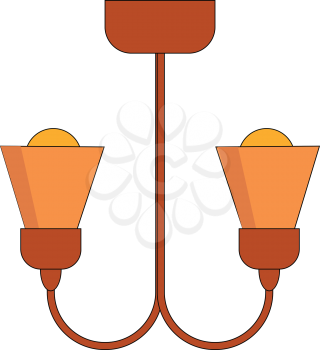 A red chandelier with two yellow bulbs hanging from the ceiling vector color drawing or illustration 