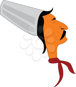 The side view of a chef wearing a white hat and red scarf having black hair and a black mustache vector color drawing or illustration 