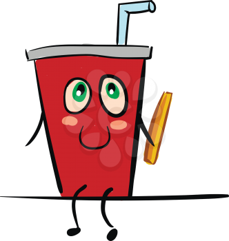 A disposable cup of cola with a blue straw placed inside it having a smiley face and holding a French fry vector color drawing or illustration 
