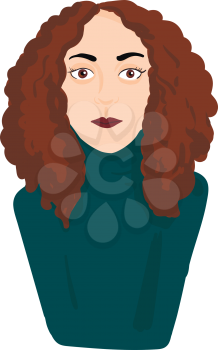 A woman with curly brown hair brown eyes lips wearing a blue sweater vector color drawing or illustration 