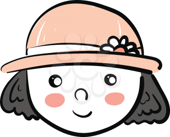A little girl with short black hair flushed cheeks and a pink hat with flower applique vector color drawing or illustration 