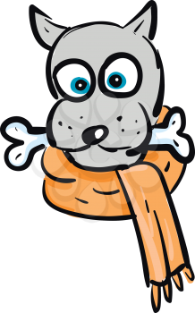 A grey dog with blue eyes is holding a bone in its mouth and wearing an orange scarf rounder neck vector color drawing or illustration 