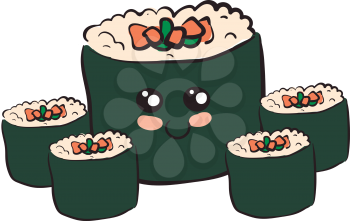 A box of Japanese sushi stuffed with vegetables fish and wrapped in seaweed vector color drawing or illustration 