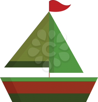 A green and red sailboat with a red flag sailing in the sea vector color drawing or illustration 
