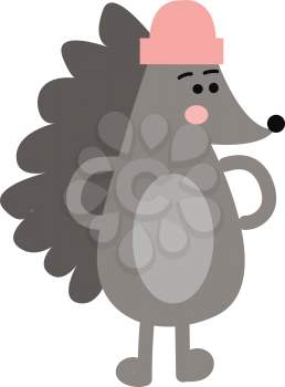A standing cartoon hedgehog with hands on the waist and a pink hat on the head looks so cute and lovely vector color drawing or illustration 