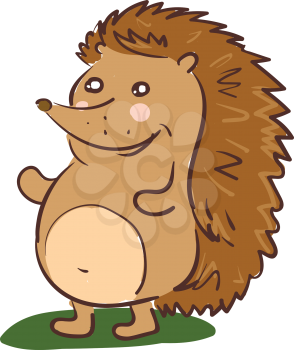 A cartoon hedgehog brown in color with spiky hair is laughing while standing in the grassland vector color drawing or illustration 