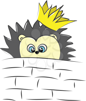Cartoon of a gorgeous yellow hedgehog with black spines all over their body wearing a crown peep from the bricks of the wall vector color drawing or illustration 