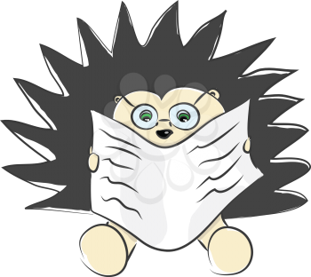 A brown-colored hedgehog with black spine like hair looks so cute with spectacles while sitting and reading the newspaper vector color drawing or illustration 
