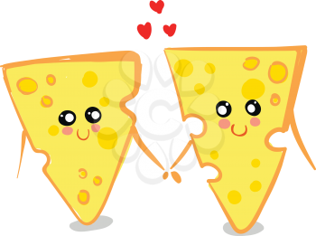 Two yellow-colored love cheese holding hands together are with smiling eyes and a broad closed smile turning up to rosy cheeks while standing vector color drawing or illustration 
