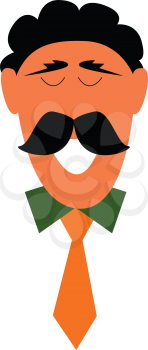 A man in green-colored shirt wears a yellow tie and has a big mustache He is laughing with his eyes closed vector color drawing or illustration 