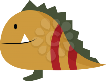 A brown-colored fish monster cartoon with one black-colored foot two red-colored stripes towards the end black-colored fins and a single triangular shaped white tooth vector color drawing or illustration 