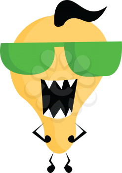 Yellow-colored cartoon monster with green sunglasses with small tufts of hair fang teeth and mouth wide opened stands ferocious to attack someone vector color drawing or illustration 