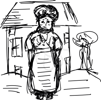 Line art of an old woman in black and white standing in front of her village house expresses sadness vector color drawing or illustration 