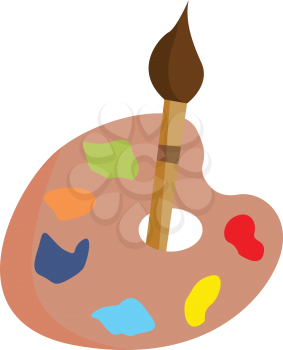 Cartoon design of a palette holding various paints is of the heart shape and a brush inserted at the hole found at its center vector color drawing or illustration 