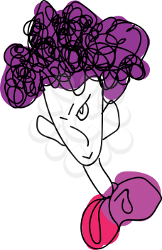 Line art of a skinny boy with big ears and purple hair color has curly hair and gives a strange look vector color drawing or illustration 