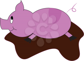 A happy pig purple in color is dancing in the mud with its eyes rolled up vector color drawing or illustration 