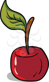 A cute little red cartoon cherry with a green leaf on a medium-sized brown stock is so yummy and delicious vector color drawing or illustration 