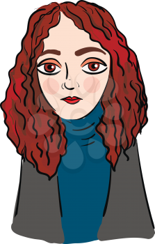 A pretty looking girl with her hair dyed in red in a grey coat and a blue shirt has large eyes vector color drawing or illustration 