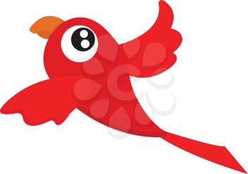 A cute little cartoon red-colored parrot with a paddle-shaped body has big protruding eyes and a long-arched orange bill is at flight vector color drawing or illustration 