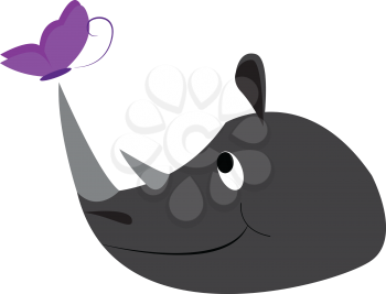 The side face of a horned rhinoceros while smiling chases a purple-colored butterfly vector color drawing or illustration 