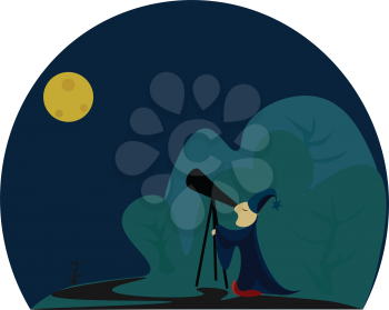 An astronomer focusing on the sky through his telescope on a dark cold night vector color drawing or illustration