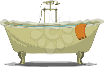 A large comfortable bathtub with hot and cold water taps and a shower vector color drawing or illustration