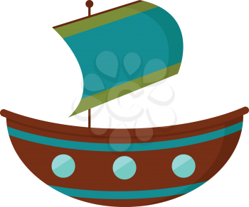 A brown-colored sailboat and a hoisted blue flag with two green horizontal bands at its extremes is ready to sail vector color drawing or illustration 