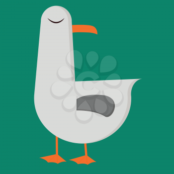 A cartoon seagull in white color and with orange colored long beak and legs has turned its head facing behind vector color drawing or illustration 
