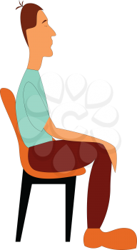 The side view of a boy in a green shirt and a black colored matching pant is relaxing in a chair with his eyes closed while sitting and has a funny hairstyle vector color drawing or illustration 